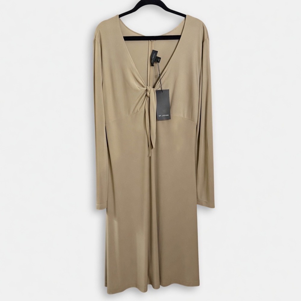 St. John Anise Beige Front Tie V-Neck Long Sleeve Midi Dress K118W21 Size 14 NWT